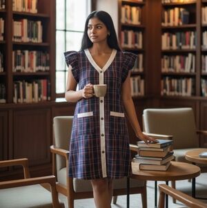 Classic Plaid Pattern Dress With Flutter Sleeves, Button Opening And Pockets